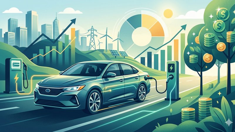 Современная иллюстрация гибридных автомобилей из США с графиками и цифрами о финансовой выгоде
