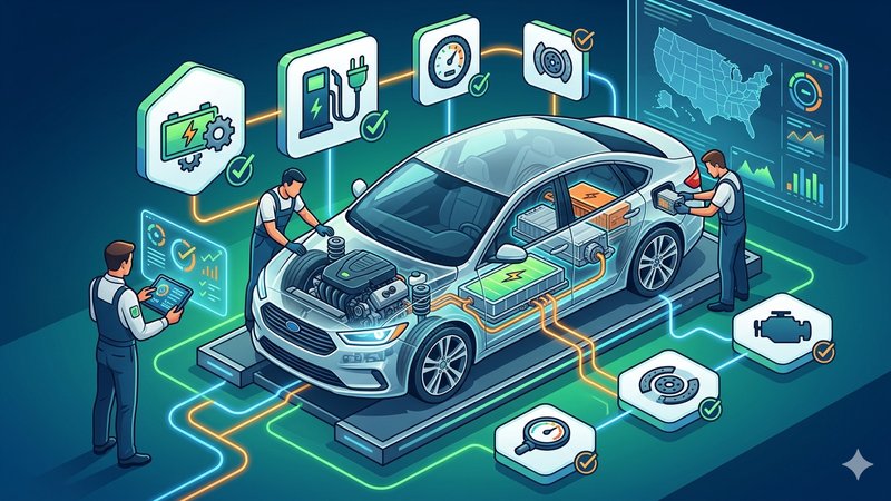 Современная иллюстрация гибридного автомобиля из США с элементами технического осмотра для статьи-руководства.
